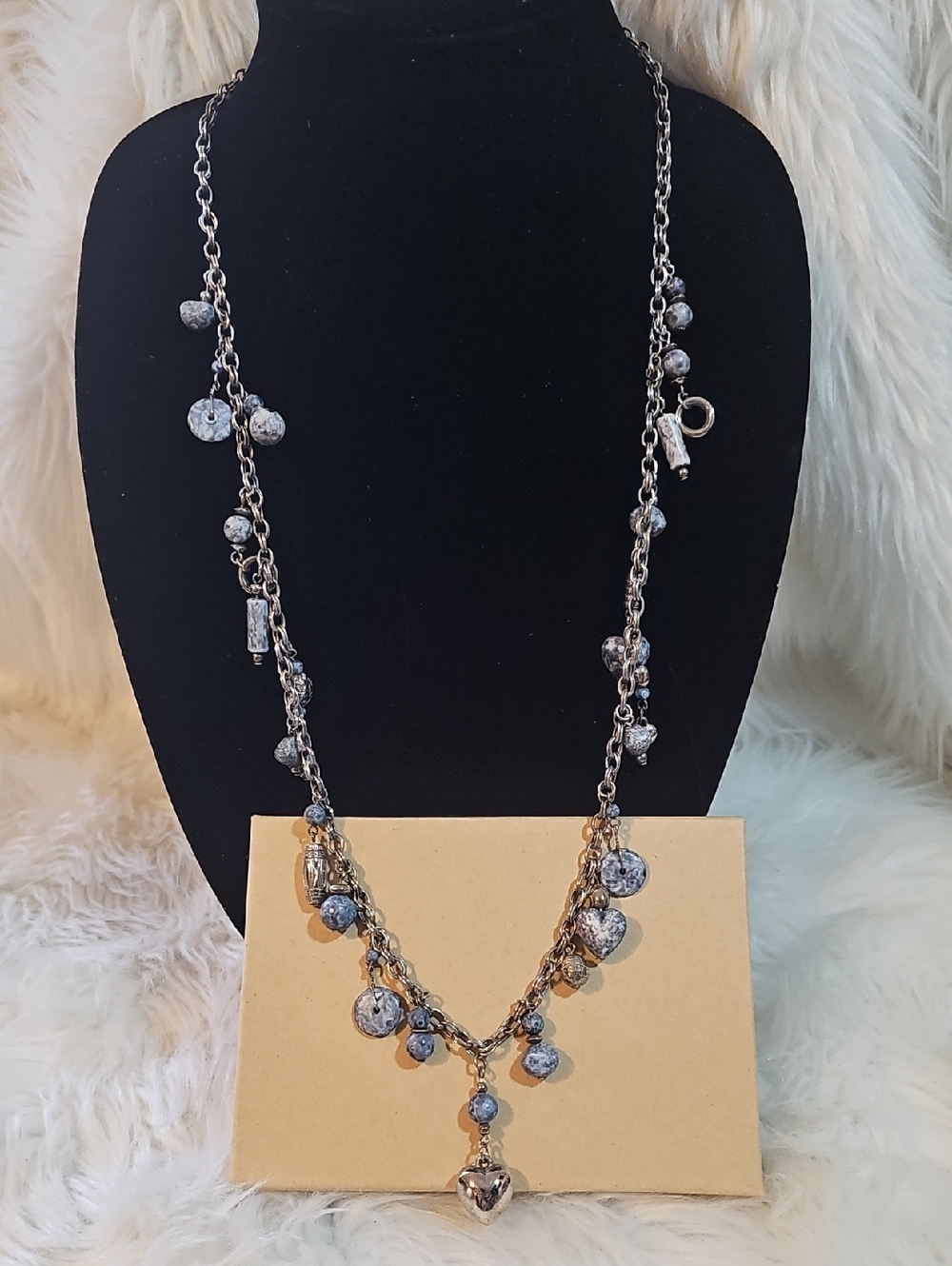 Silver-Tone Blue Bead Heart Pendant Necklace #27